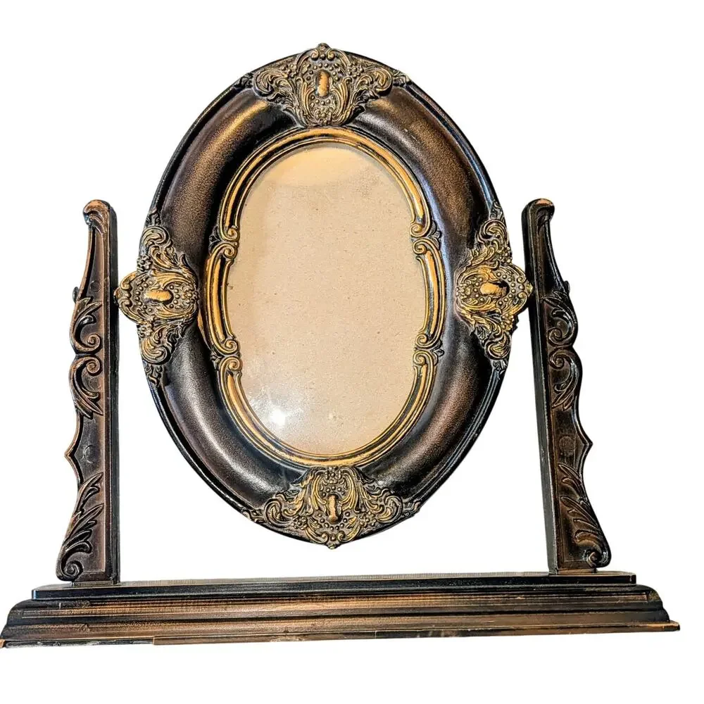 Vintage Brown and Gold Baroque Oval Tabletop Swivel Frame Ornate Victorian Style